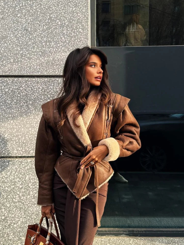 Women's Faux Shearling Belted Aviator Jacket - Liana