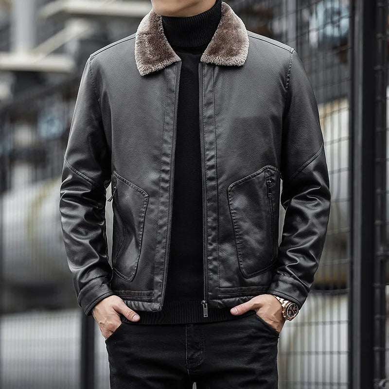 Men's leather jacket with collar - Leon