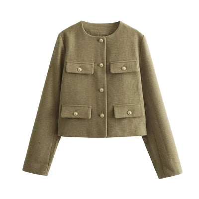 Women's Cropped Tweed Jacket - Long Sleeve - Military Style - Camille