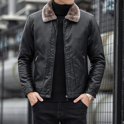 Men's leather jacket with collar - Leon