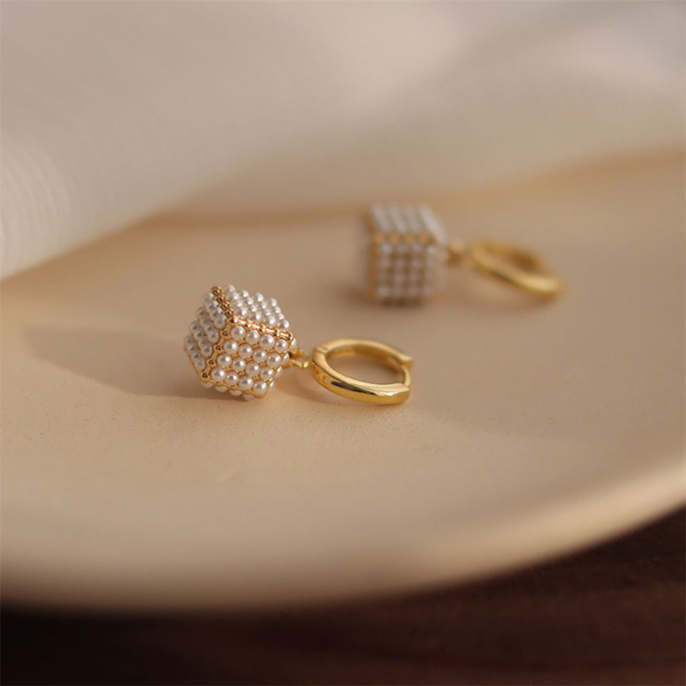 Women's Gold Hoop Earrings Pearl Cube Drop - Celestine