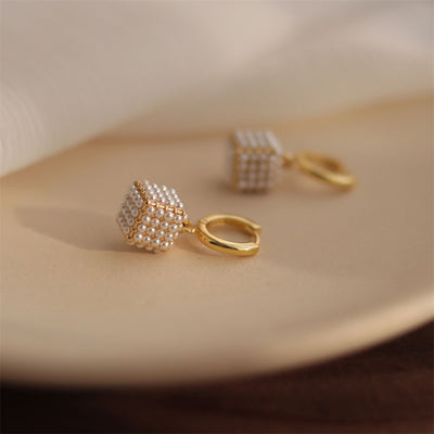 Women's Gold Hoop Earrings Pearl Cube Drop - Celestine
