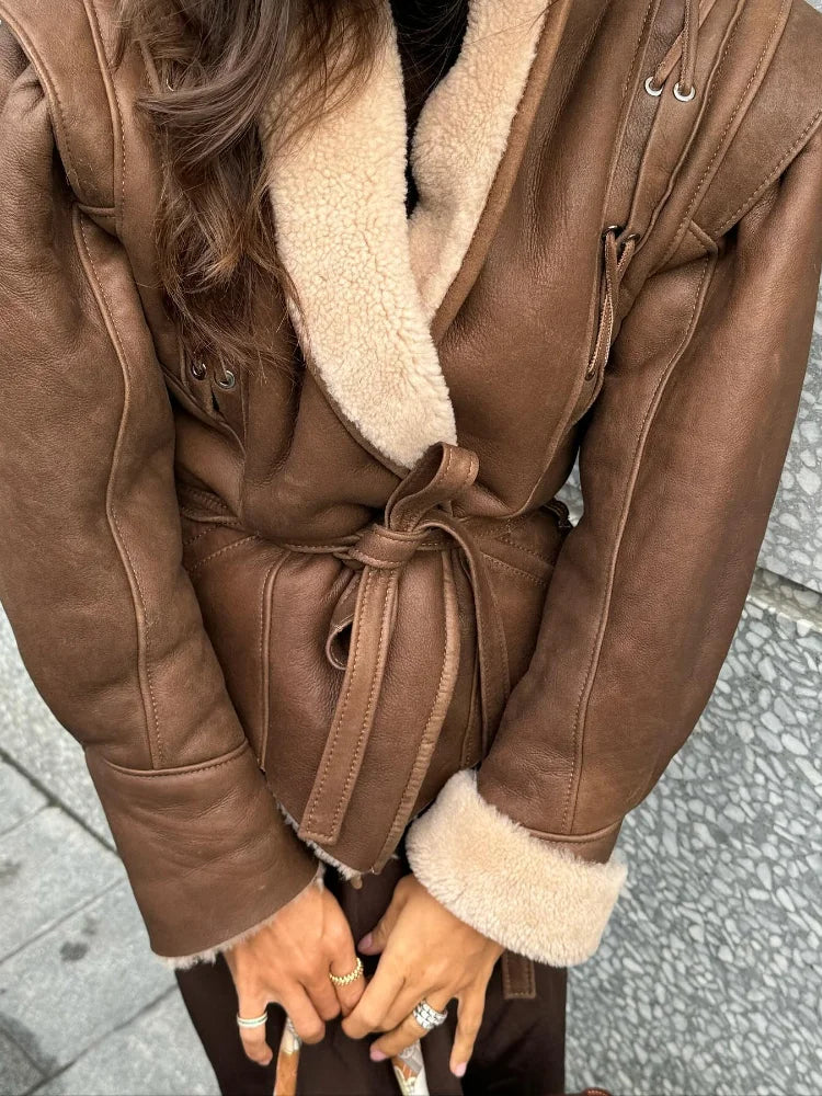 Women's Faux Shearling Belted Aviator Jacket - Liana