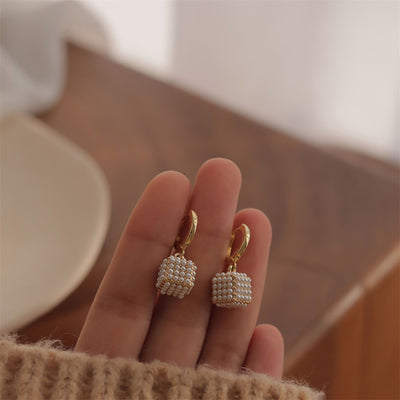 Women's Gold Hoop Earrings Pearl Cube Drop - Celestine
