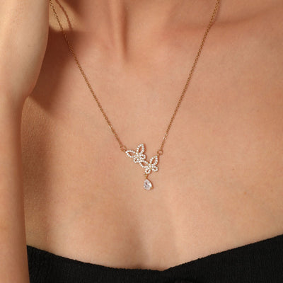 Crystal Twin Butterfly Necklace 14K Gold-plated
