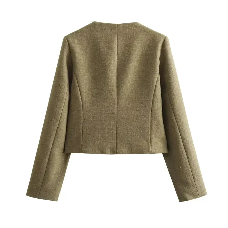 Women's Cropped Tweed Jacket - Long Sleeve - Military Style - Camille