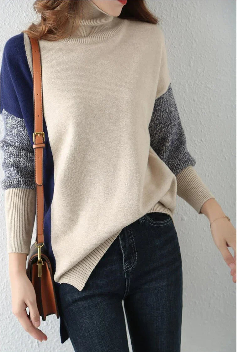 Lottie - Loose jumper with high collar in contrasting colour for women
