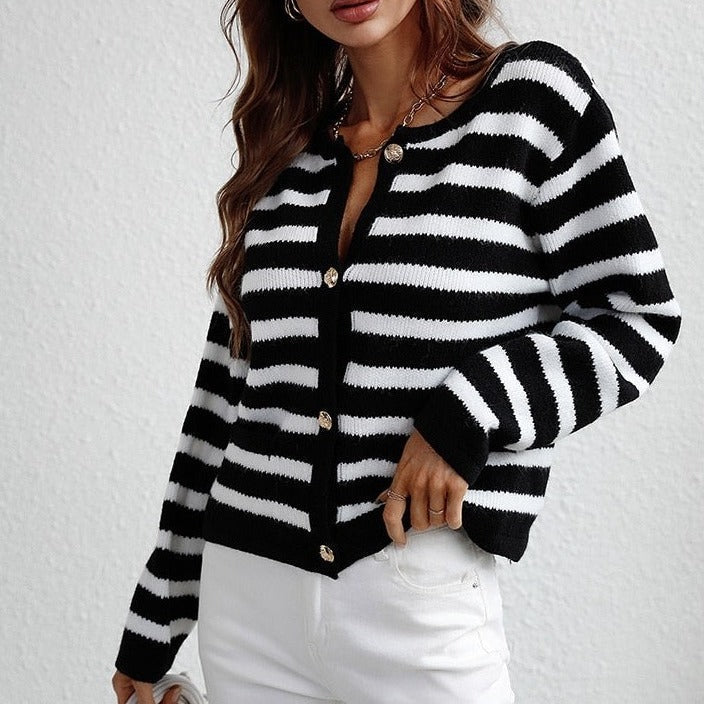 Women's Striped Knit Button Cardigan - Anaëlle