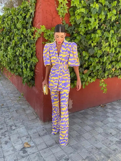 Set - Women - Puff Sleeve Blazer and Pants - Yellow and Purple Abstract - Denise