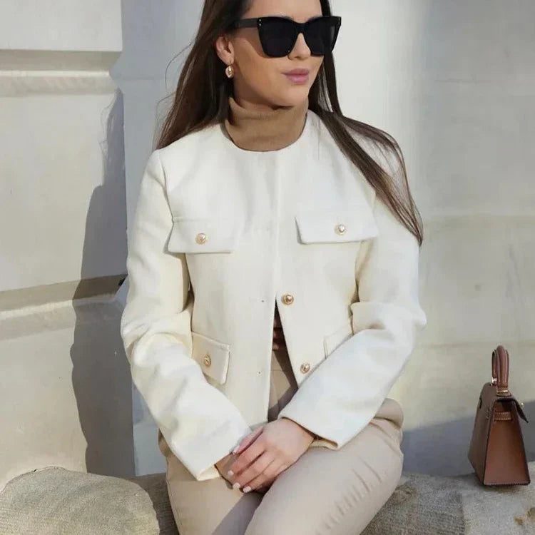 Women's Cropped Tweed Jacket - Long Sleeve - Military Style - Camille