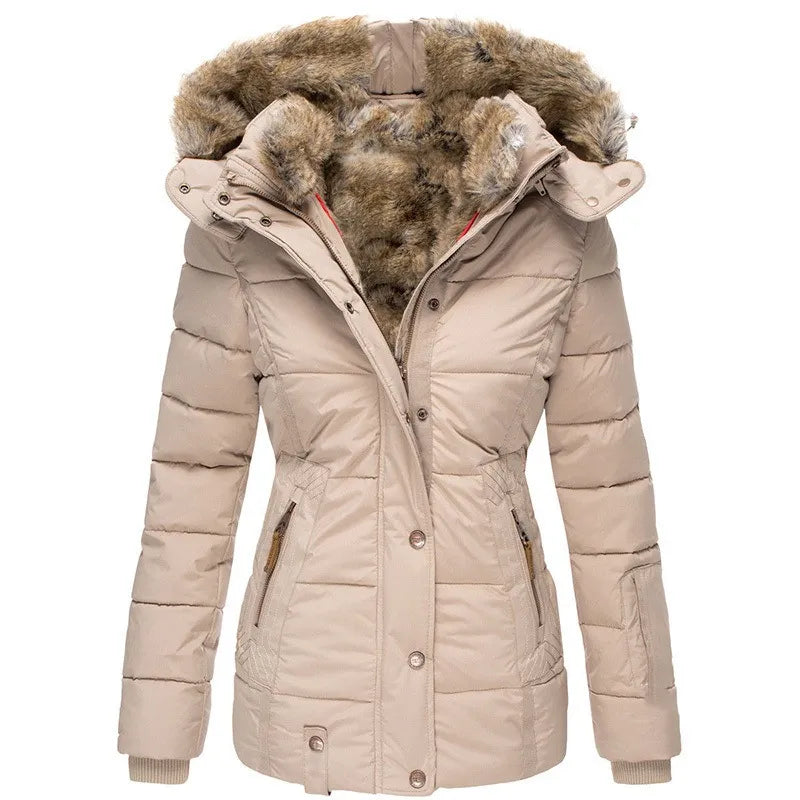 Elegant women's winter coat with fur hood