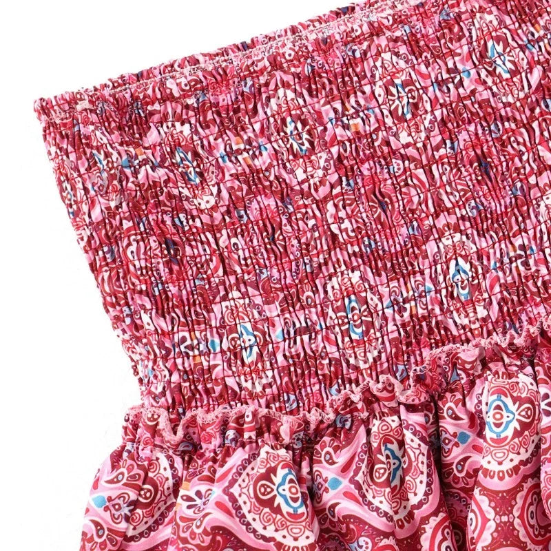 Women's Boho Mini Skirt - Smocked Waist - Pink Pattern - Kalia