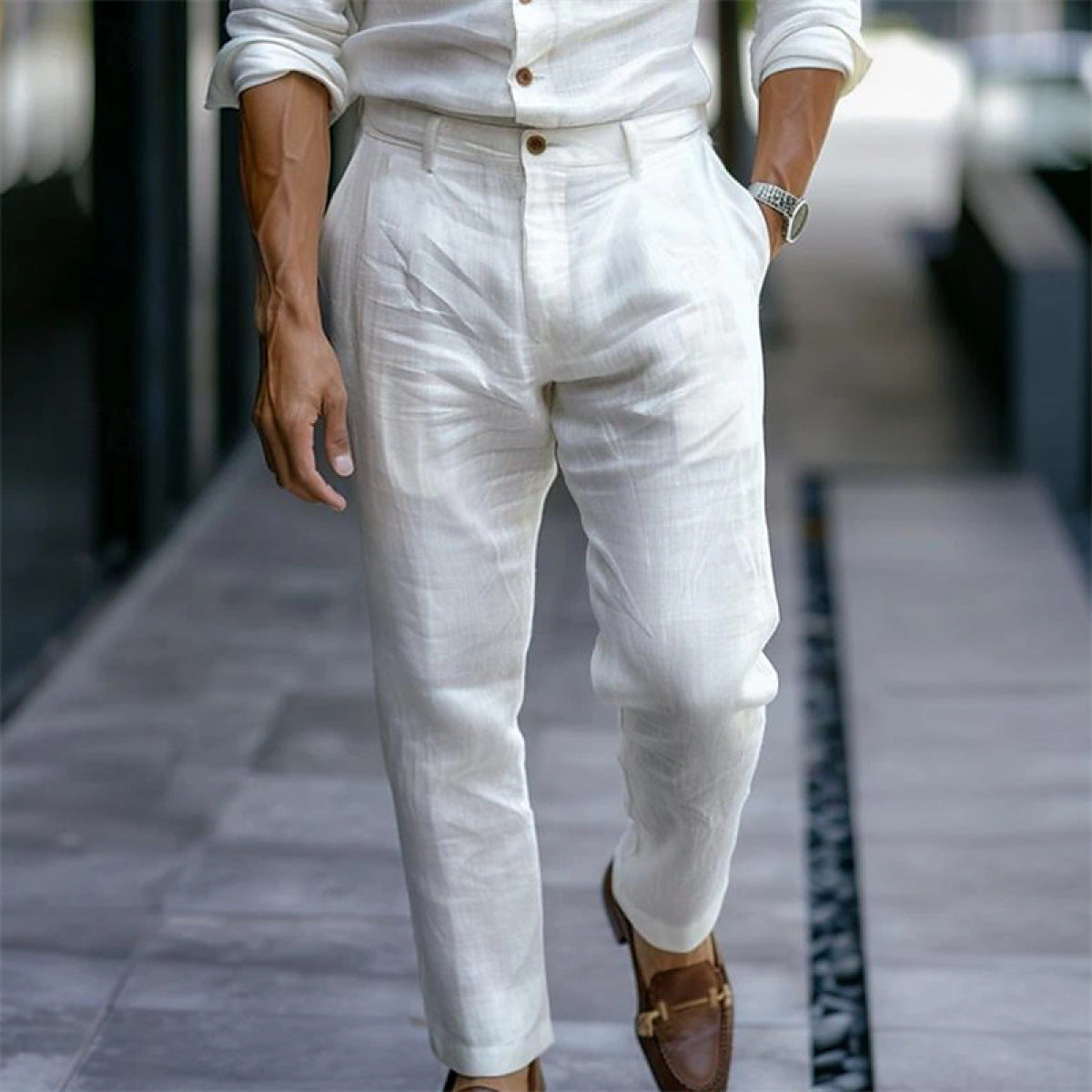 Men's straight linen trousers white elegant casual style - Adriano