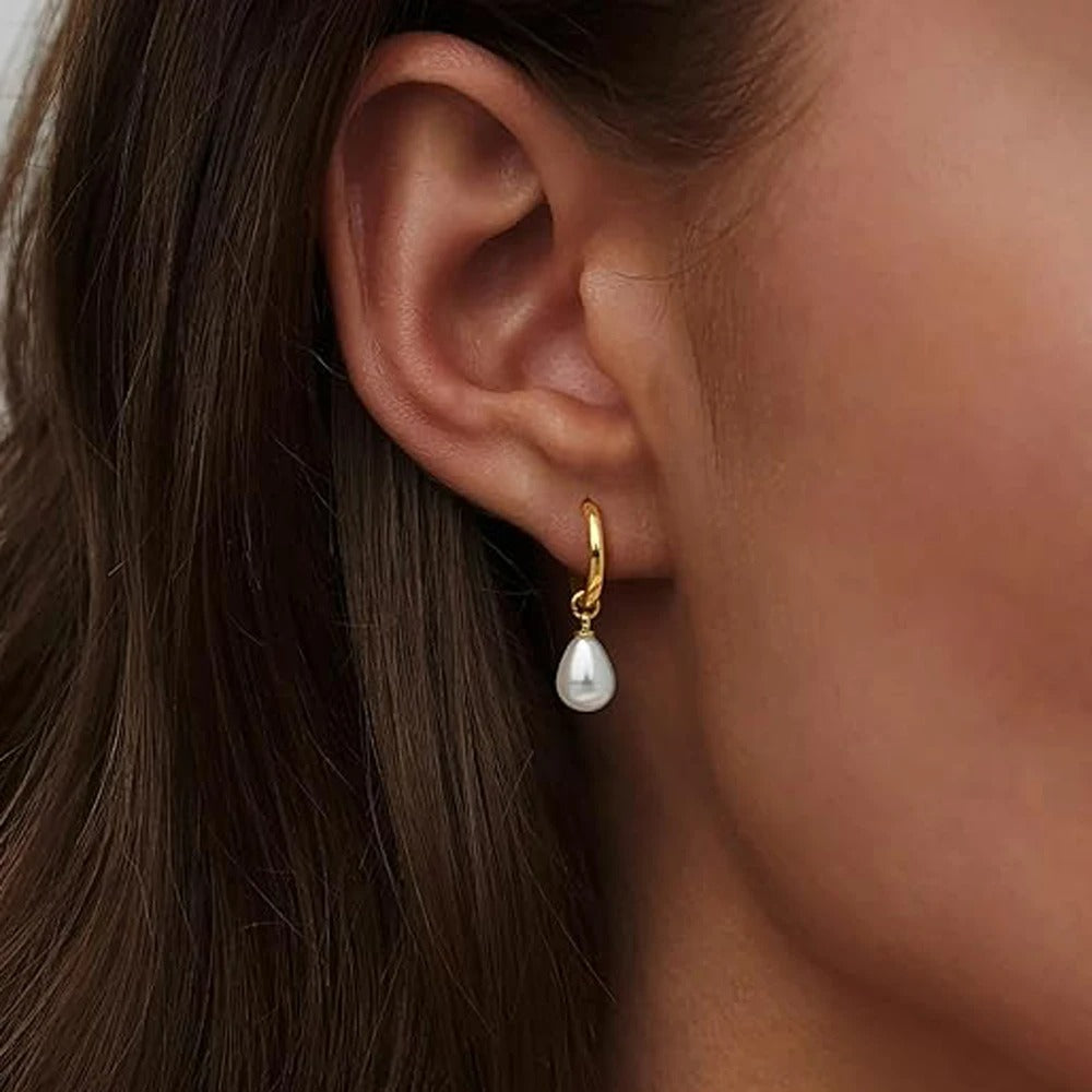 Women's Gold Earrings with White Drop Pearl - Dalia