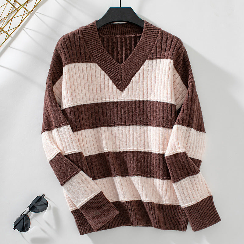 Women's Knit V-Neck Sweater - Wide Stripes - Relaxed Fit - Camryn