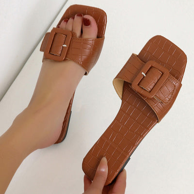 Women's open toe flat sandals with buckle in white leather - Elina