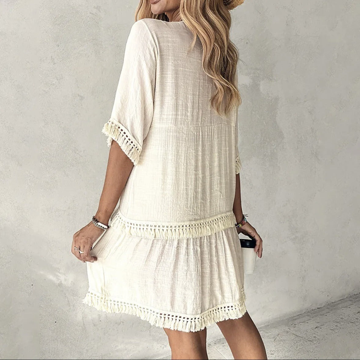 Bohemian women's dress embroidered with tassels ivory white - Isadora