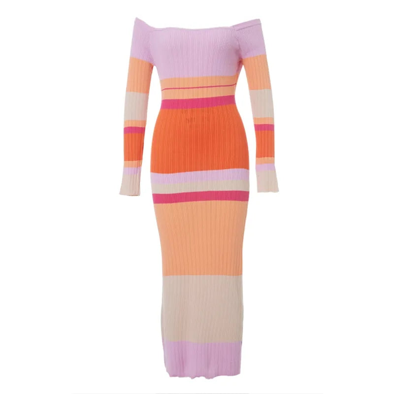 Darcy - Versatile Striped Long Sleeve Crochet Knit Maxi Dress Multicolor