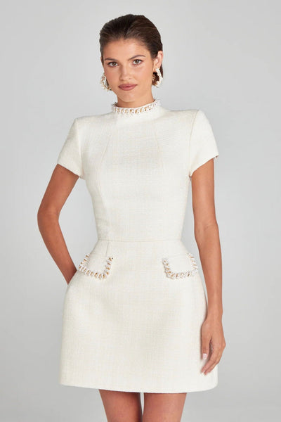Women's short tweed dress with retro white pearls - Clarisse
