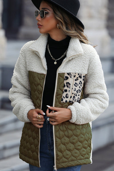 Élise - Sherpa jacket with zip and stand-up collar with leopard patches
