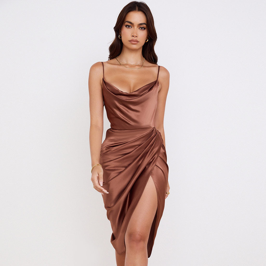 Jamie - Asymmetrical Split Cowl Neck Ruched Satin Slip Midi Dress