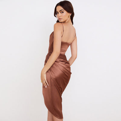 Jamie - Asymmetrical Split Cowl Neck Ruched Satin Slip Midi Dress