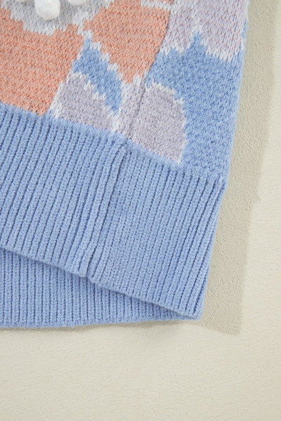 Blanche - Blue knitted jumper with a round neckline and floral pattern with dropped shoulders