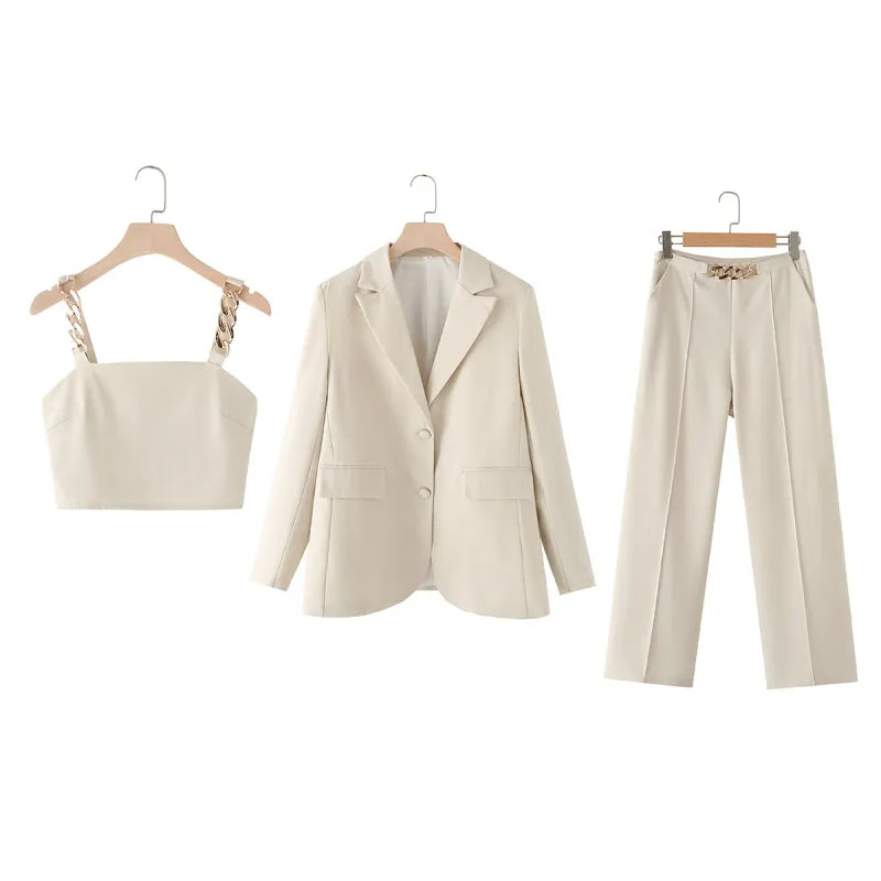 Rita - Temperament Entry Lux Workplace Metal Chain Suit Pants Three Piece Set
