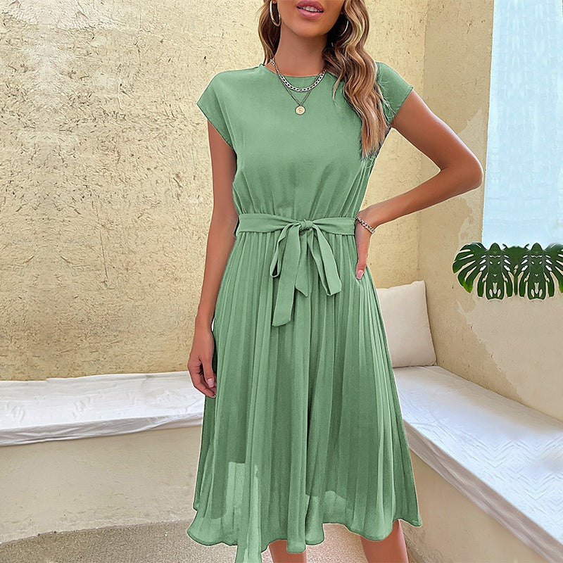 Women's pleated midi dress with elegant belt - Julieta