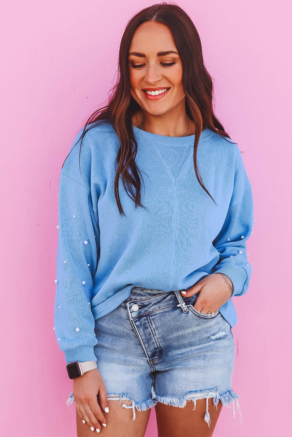 Blatzy - Round neck jumper with beads on the shoulders