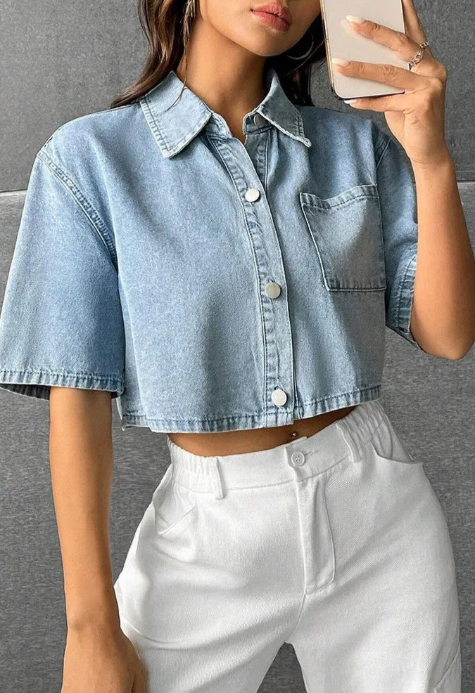 Women's casual short denim shirt with front pocket - Emilia