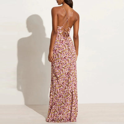 Lenay - Strappy Floral Print Crisscross Flowy Long Sundress
