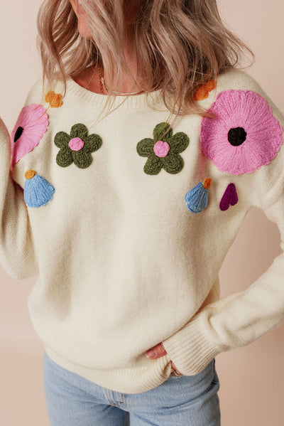 Anne - Knitted jumper with floral pattern and ribbed edges