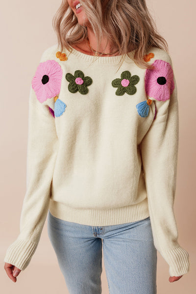 Anne - Knitted jumper with floral pattern and ribbed edges
