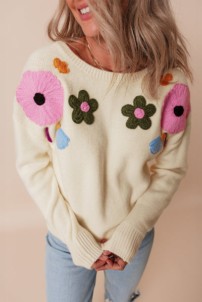 Anne - Knitted jumper with floral pattern and ribbed edges