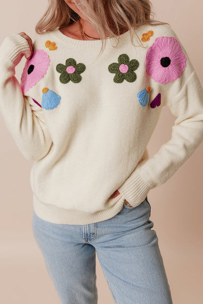 Anne - Knitted jumper with floral pattern and ribbed edges