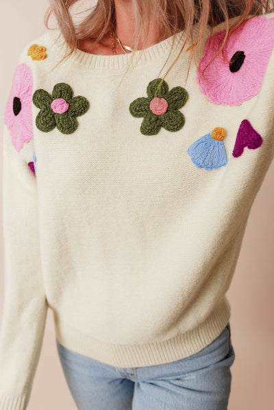 Anne - Knitted jumper with floral pattern and ribbed edges