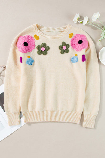 Anne - Knitted jumper with floral pattern and ribbed edges