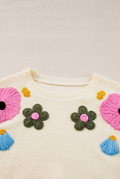 Anne - Knitted jumper with floral pattern and ribbed edges