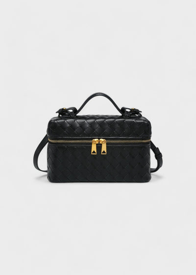 Women's black braided bag with rigid structure with golden zippers - Valeska