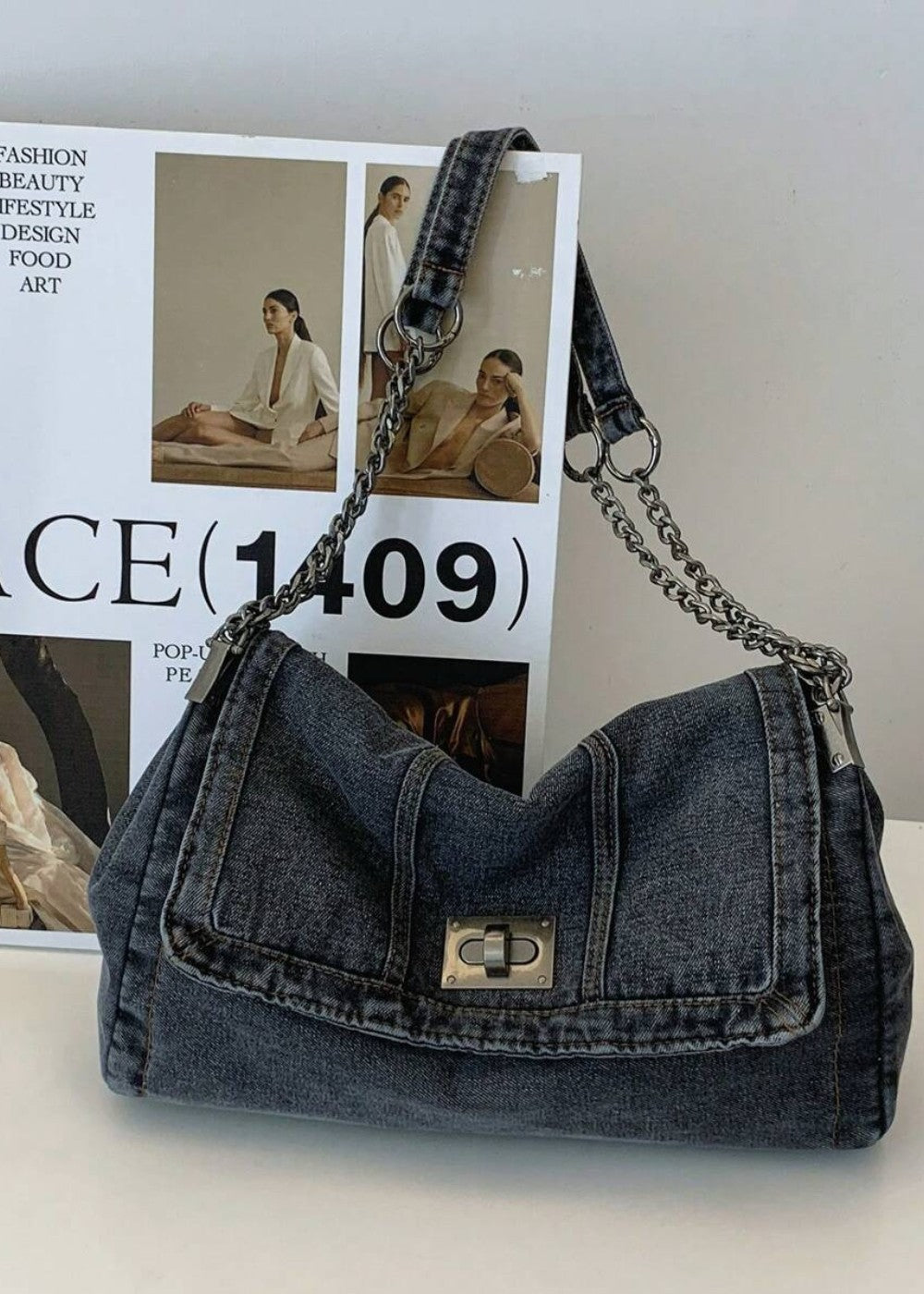 Denim women's bag urban style metallic chain - Briseida