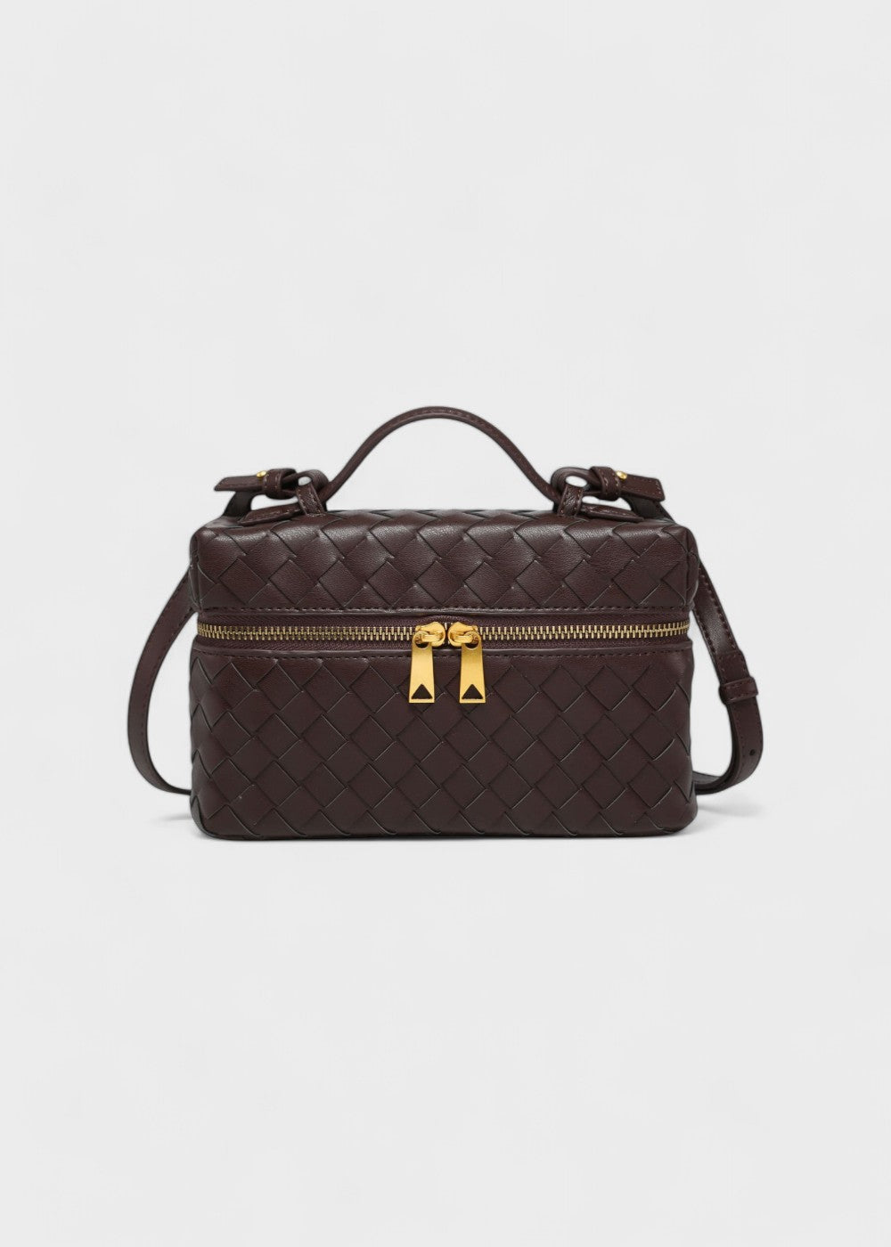 Women's black braided bag with rigid structure with golden zippers - Valeska
