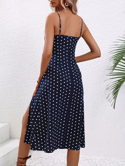 Women's midi dress with polka dot straps and slit - Fiorella