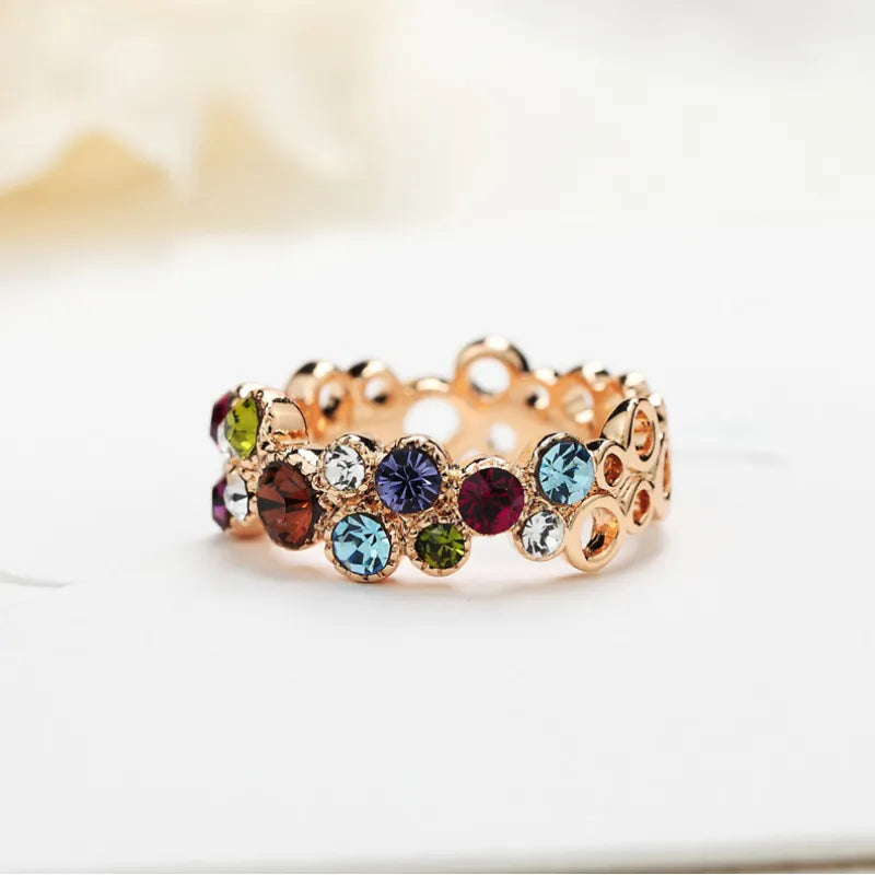 Women's Multicolor Crystal Ring Gold-Plated Band - Elena