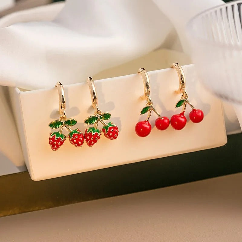 Gold Plated Enameled Fruit Pendant Earrings for Women - Amelie