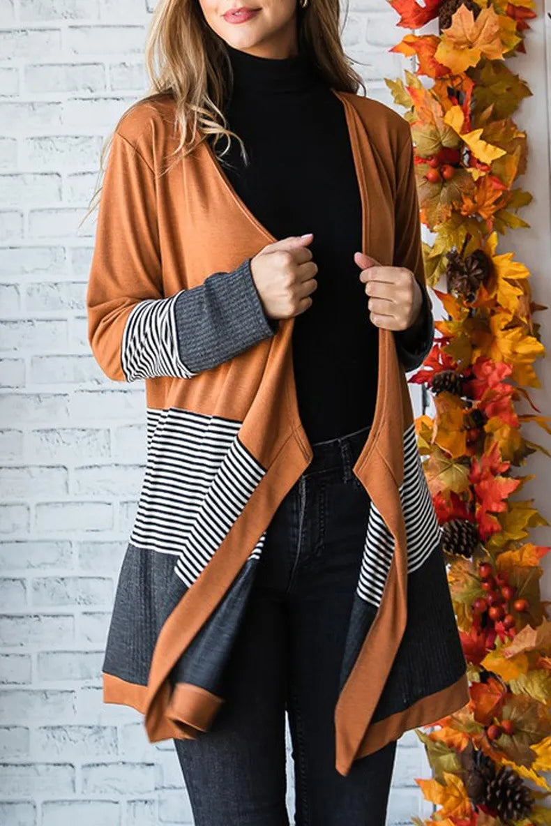 Cardigan - Women - Colorblock Open Front with Striped Hem - Brown Mix - Renée