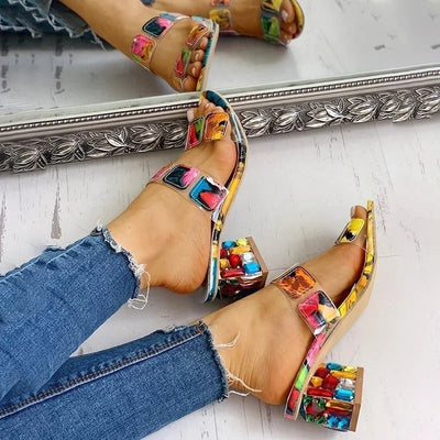 Women's chunky heel sandals with artistic multicolour design - Camila