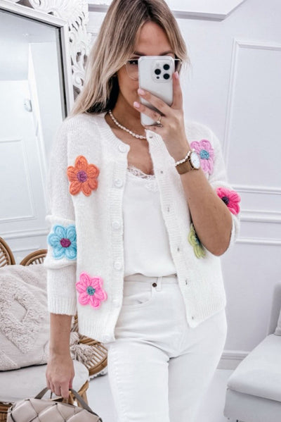 Women's Knit Button Cardigan with 3D Floral Appliqué - Eloria