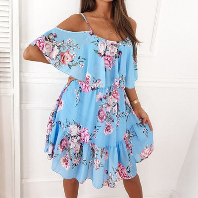Women's short floral chiffon dress with ruffles and bare shoulders - Emilia