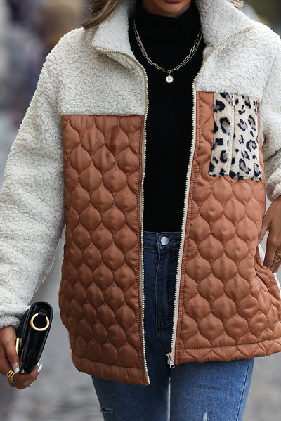 Élise - Sherpa jacket with zip and stand-up collar with leopard patches